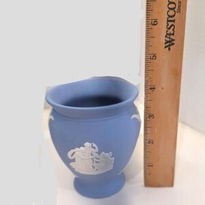 Vintage Wedgwood Jasperware Bud Vases Blue England Neoclassical Relief
